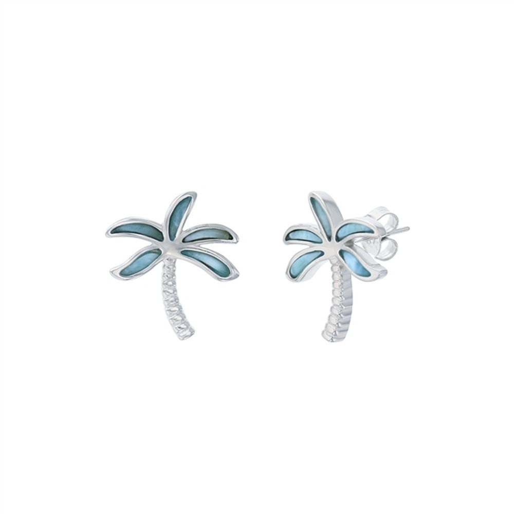 925 Sterling Silver Larimar Palm Tree Earrings Post Back Closure 4.79 gm